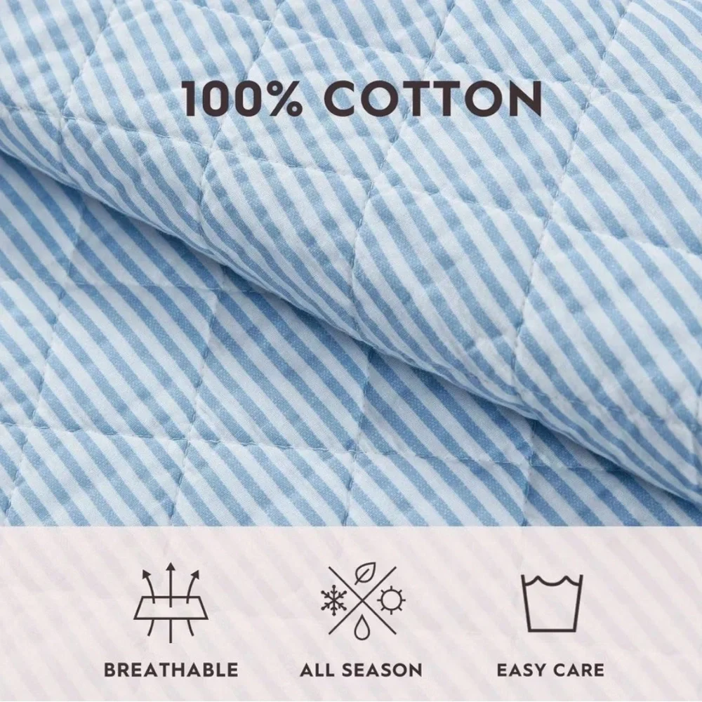 Charming Laura Ashley TWIN Oxford Striped Quilt Set Blue Pin Stripe ~ NEW
